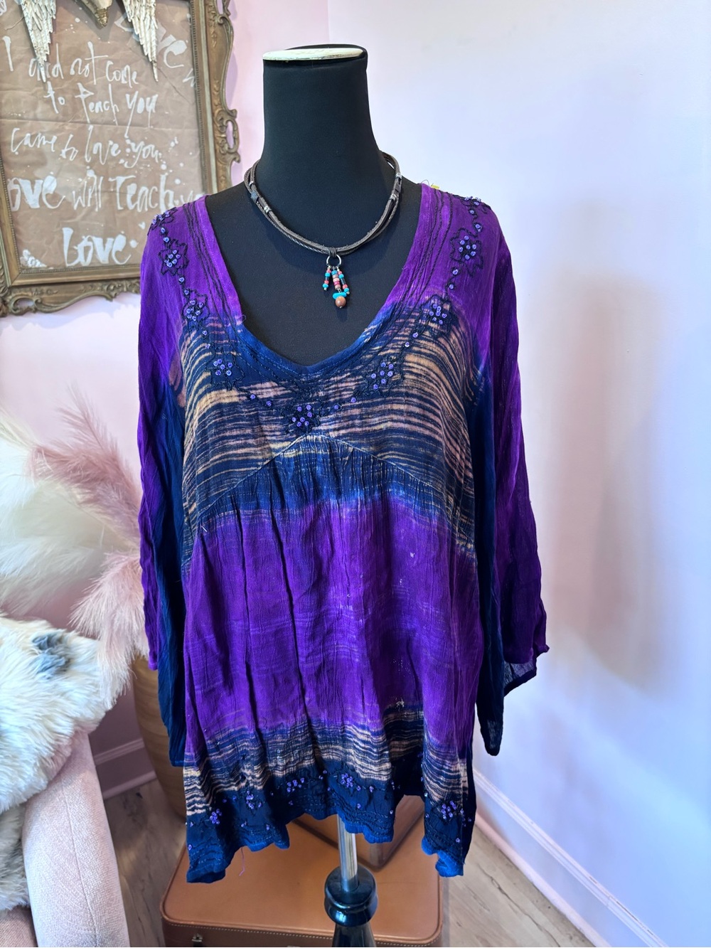 Charlie Paige Purple and Navy Embellished Boho V-Neck Tunic - Picture 2 of 6